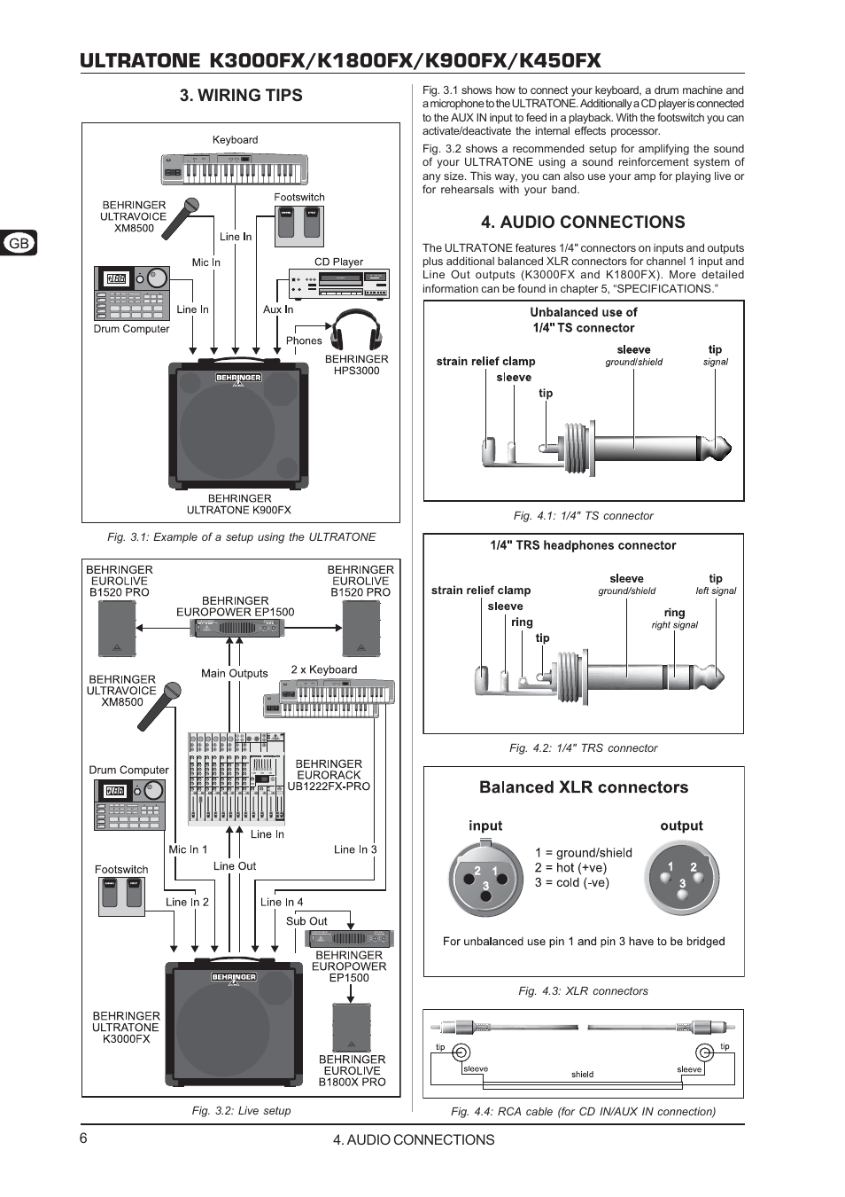 Wiring tips, Audio connections | Behringer K450FX User Manual | Page 6 / 8