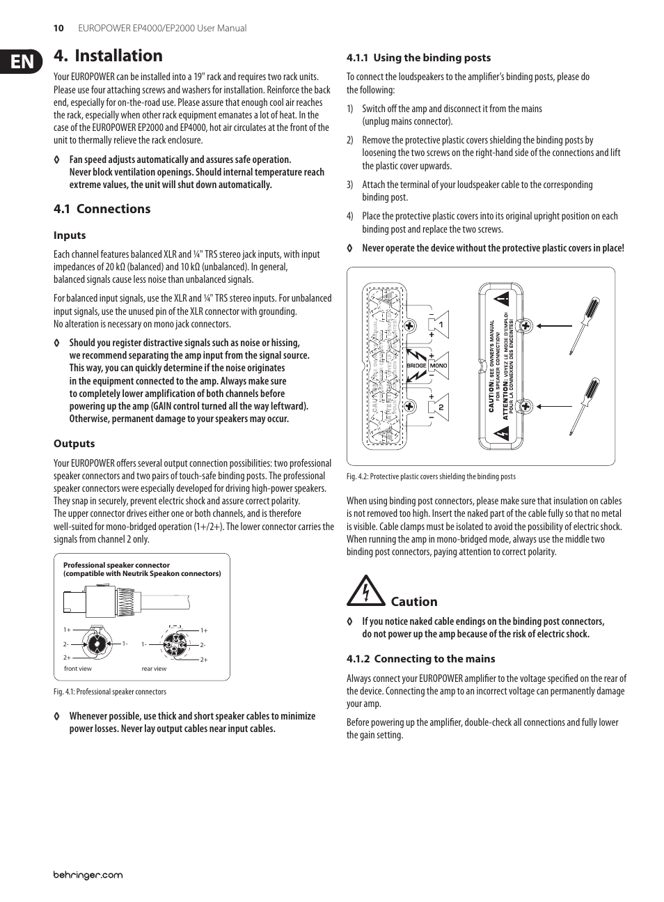 Installation, 1 connections | Behringer EUROPOWER Professional 4 User Manual | Page 10 / 14
