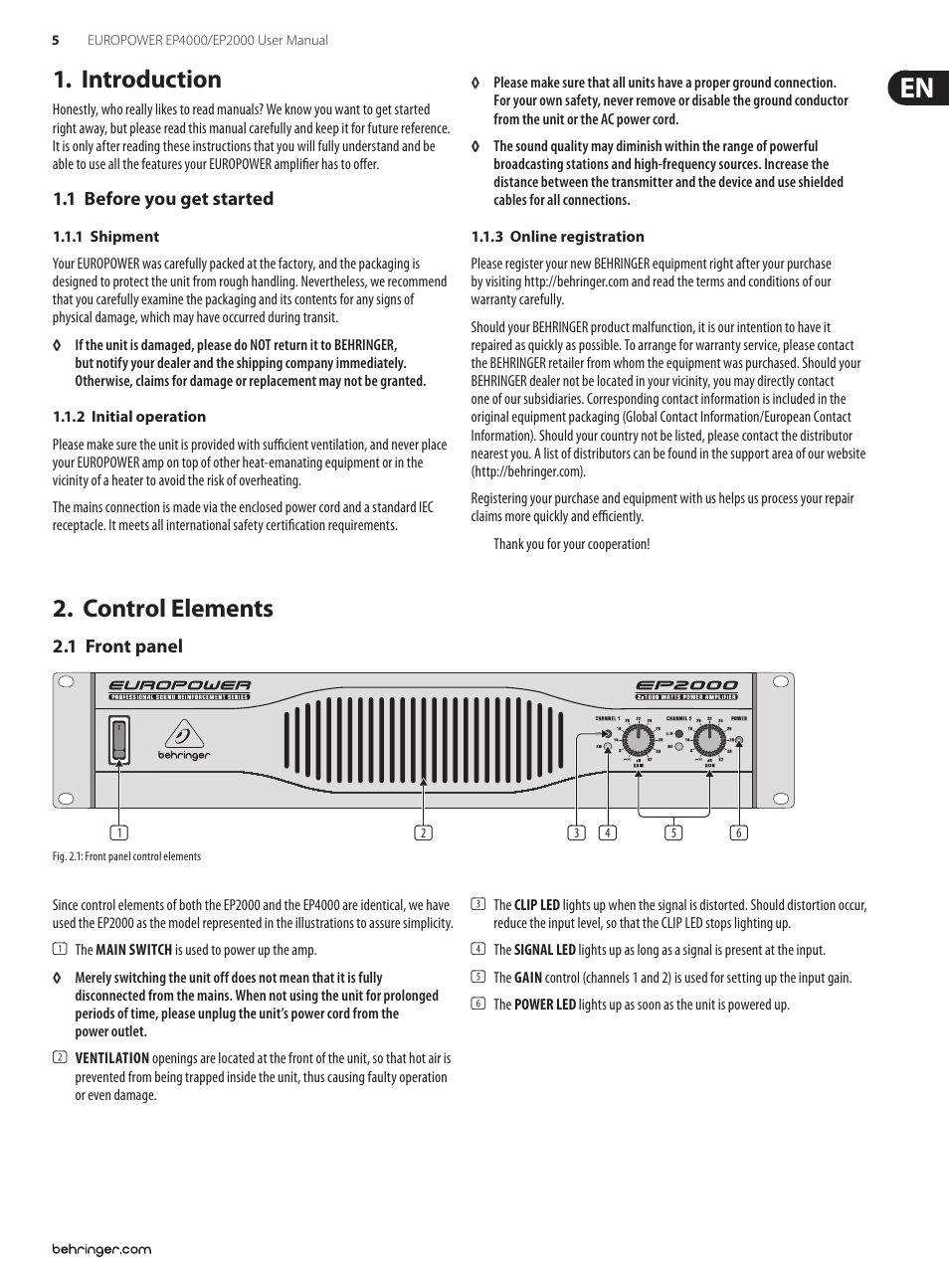Introduction, 1 before you get started, Control elements | 1 front panel | Behringer EUROPOWER Professional 4 User Manual | Page 5 / 14