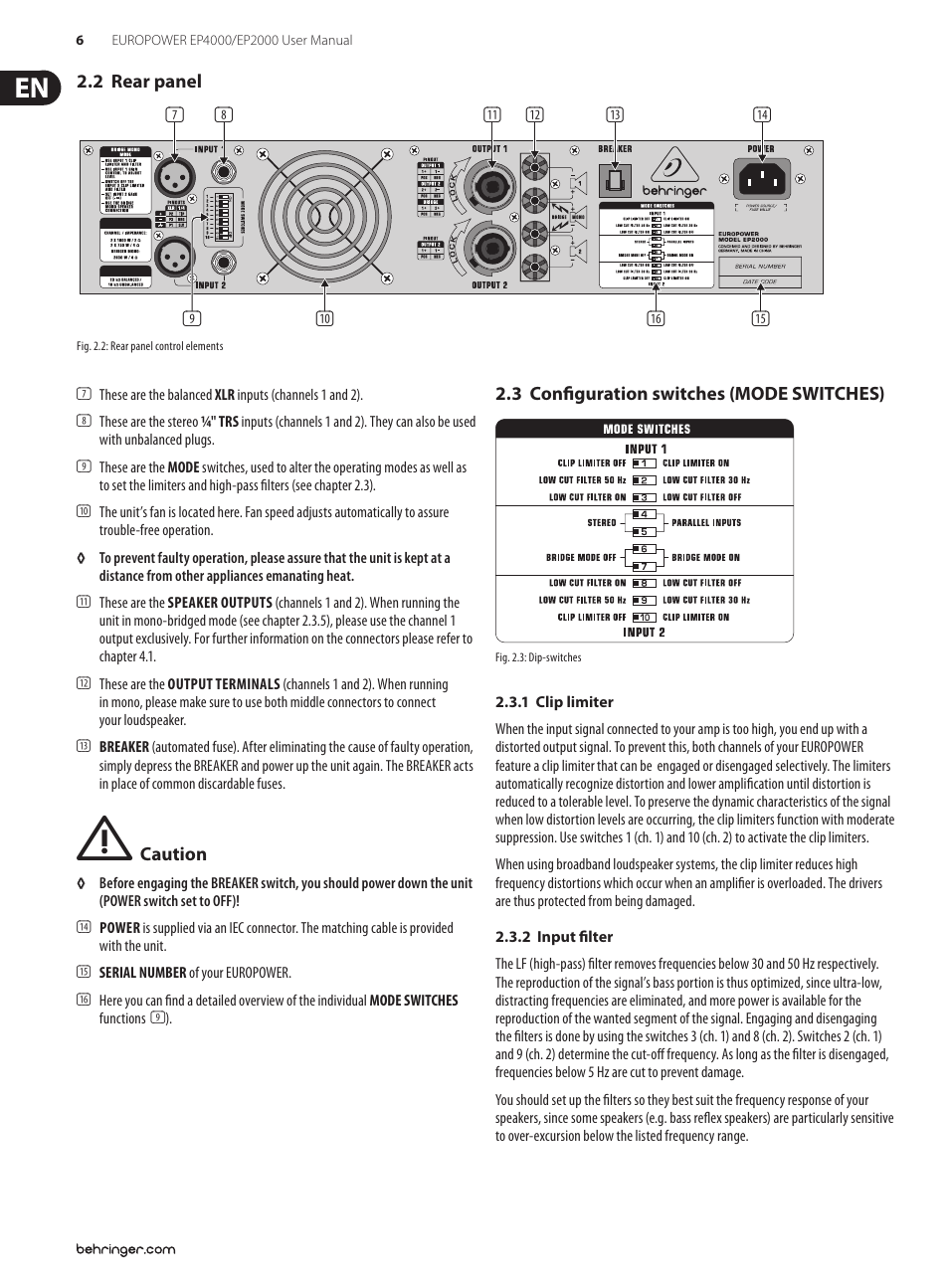 2 rear panel, 3 configuration switches (mode switches) | Behringer EUROPOWER Professional 4 User Manual | Page 6 / 14