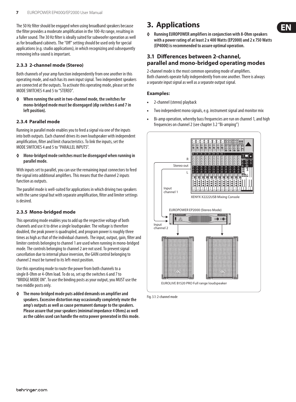 Applications, 1 differences between 2-channel, Parallel and mono-bridged operating modes | Behringer EUROPOWER Professional 4 User Manual | Page 7 / 14
