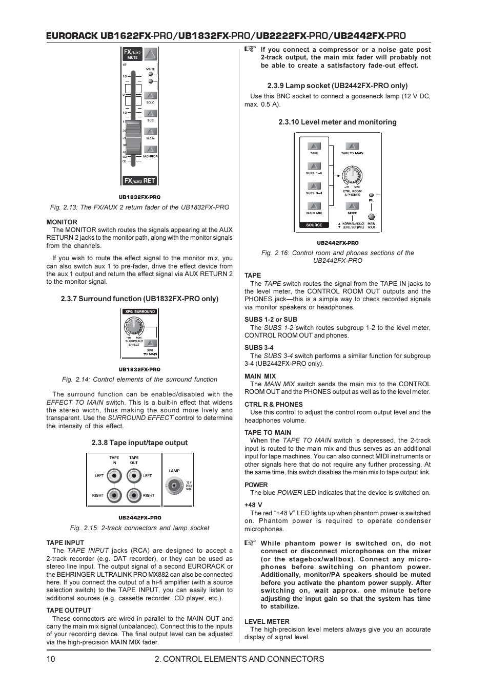 Eurorack ub1622fx, Ub1832fx, Ub2222fx | Ub2442fx | Behringer UB2222FX-PRO User Manual | Page 10 / 16
