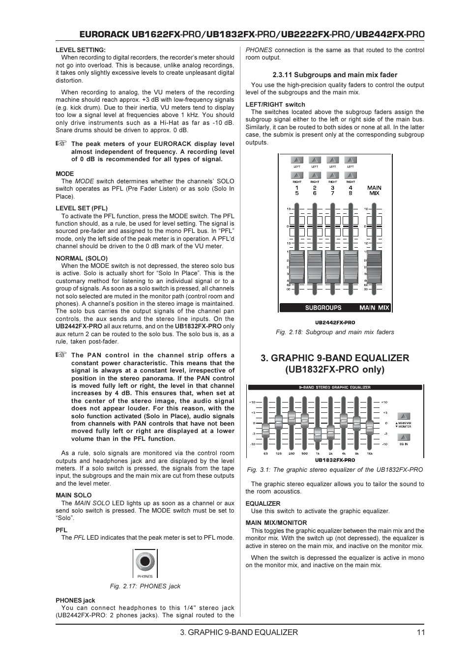 Eurorack ub1622fx, Ub1832fx, Ub2222fx | Ub2442fx | Behringer UB2222FX-PRO User Manual | Page 11 / 16