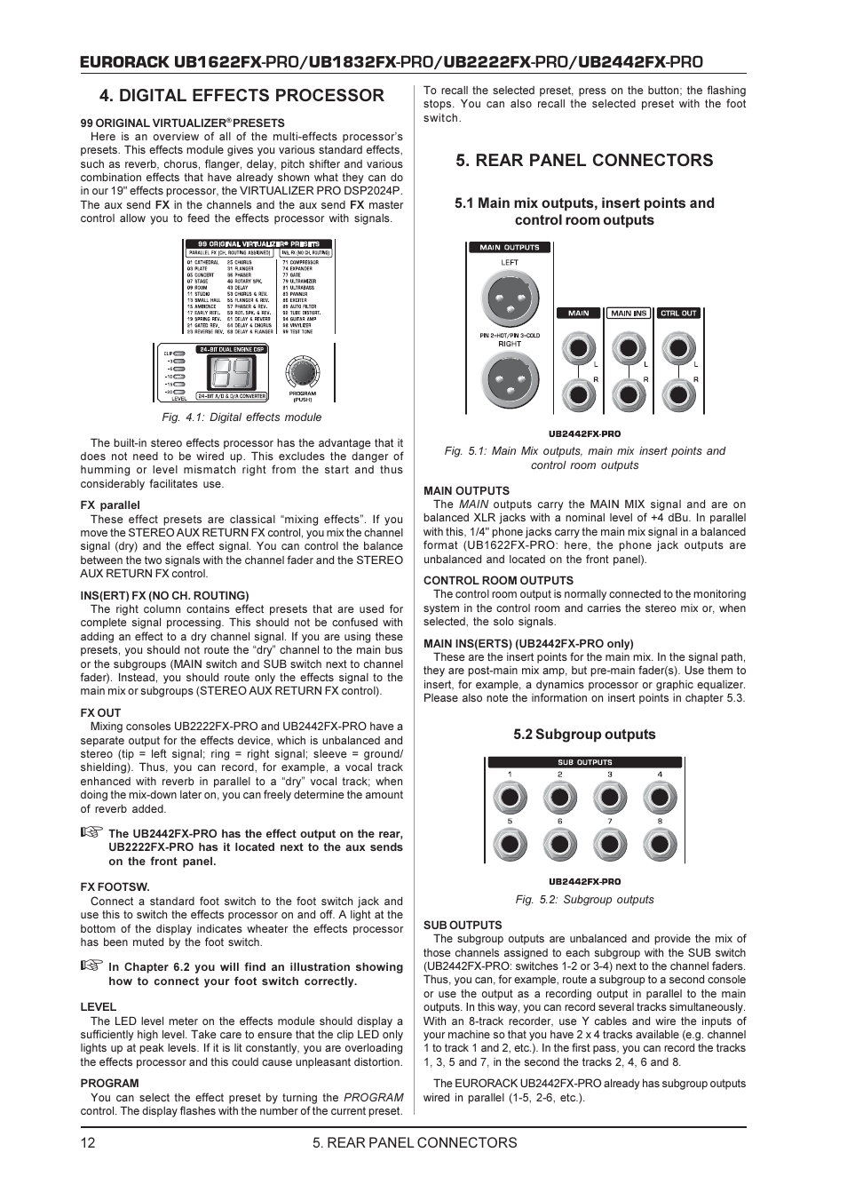 Eurorack ub1622fx, Ub1832fx, Ub2222fx | Ub2442fx, Digital effects processor, Rear panel connectors | Behringer UB2222FX-PRO User Manual | Page 12 / 16