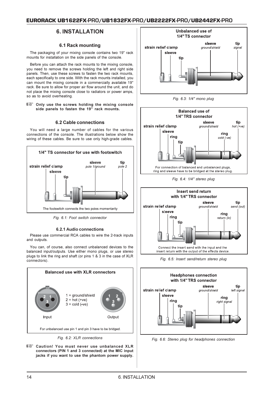 Eurorack ub1622fx, Ub1832fx, Ub2222fx | Ub2442fx, Installation | Behringer UB2222FX-PRO User Manual | Page 14 / 16
