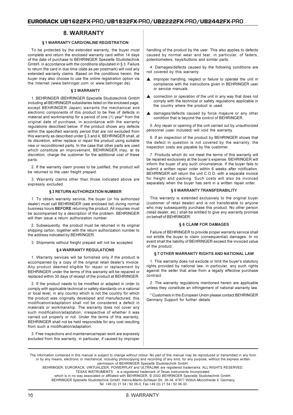 Eurorack ub1622fx, Ub1832fx, Ub2222fx | Ub2442fx, Warranty | Behringer UB2222FX-PRO User Manual | Page 16 / 16