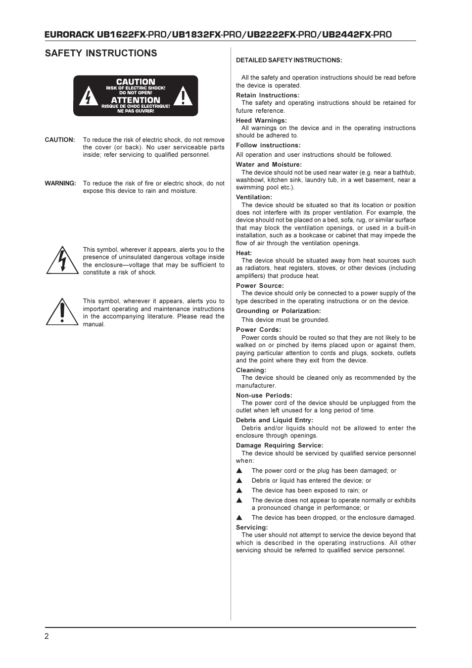 Eurorack ub1622fx, Ub1832fx, Ub2222fx | Ub2442fx, Safety instructions | Behringer UB2222FX-PRO User Manual | Page 2 / 16