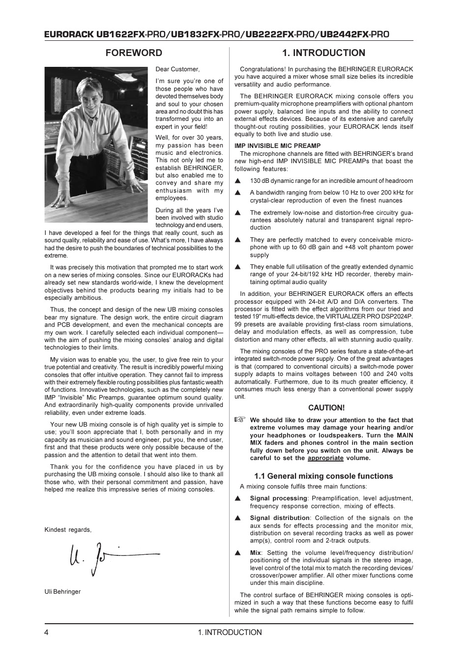 Eurorack ub1622fx, Ub1832fx, Ub2222fx | Ub2442fx, Introduction, Foreword | Behringer UB2222FX-PRO User Manual | Page 4 / 16