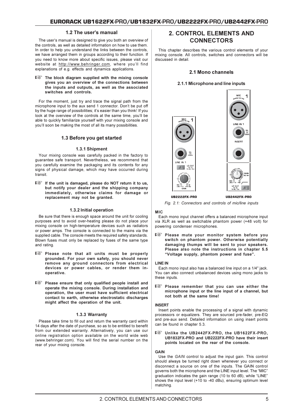 Eurorack ub1622fx, Ub1832fx, Ub2222fx | Ub2442fx, Control elements and connectors | Behringer UB2222FX-PRO User Manual | Page 5 / 16
