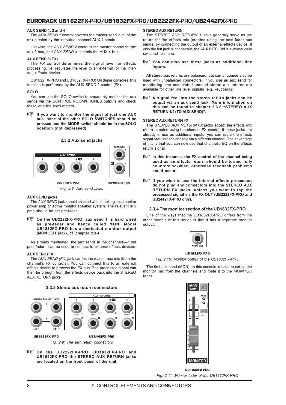 Eurorack ub1622fx, Ub1832fx, Ub2222fx | Ub2442fx | Behringer UB2222FX-PRO User Manual | Page 8 / 16