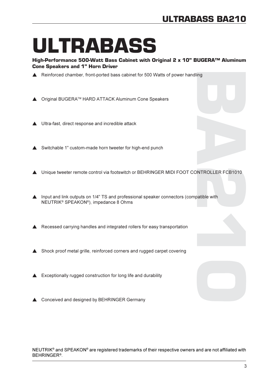 Ba210, Ultrabass, Ultrabass ba210 | Behringer Ultrabass Speaker BA210 User Manual | Page 3 / 9