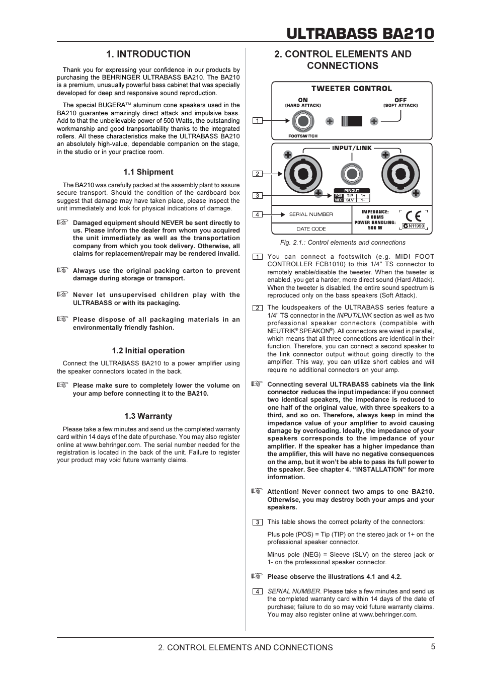 Ultrabass ba210, Control elements and connections, Introduction | Behringer Ultrabass Speaker BA210 User Manual | Page 5 / 9