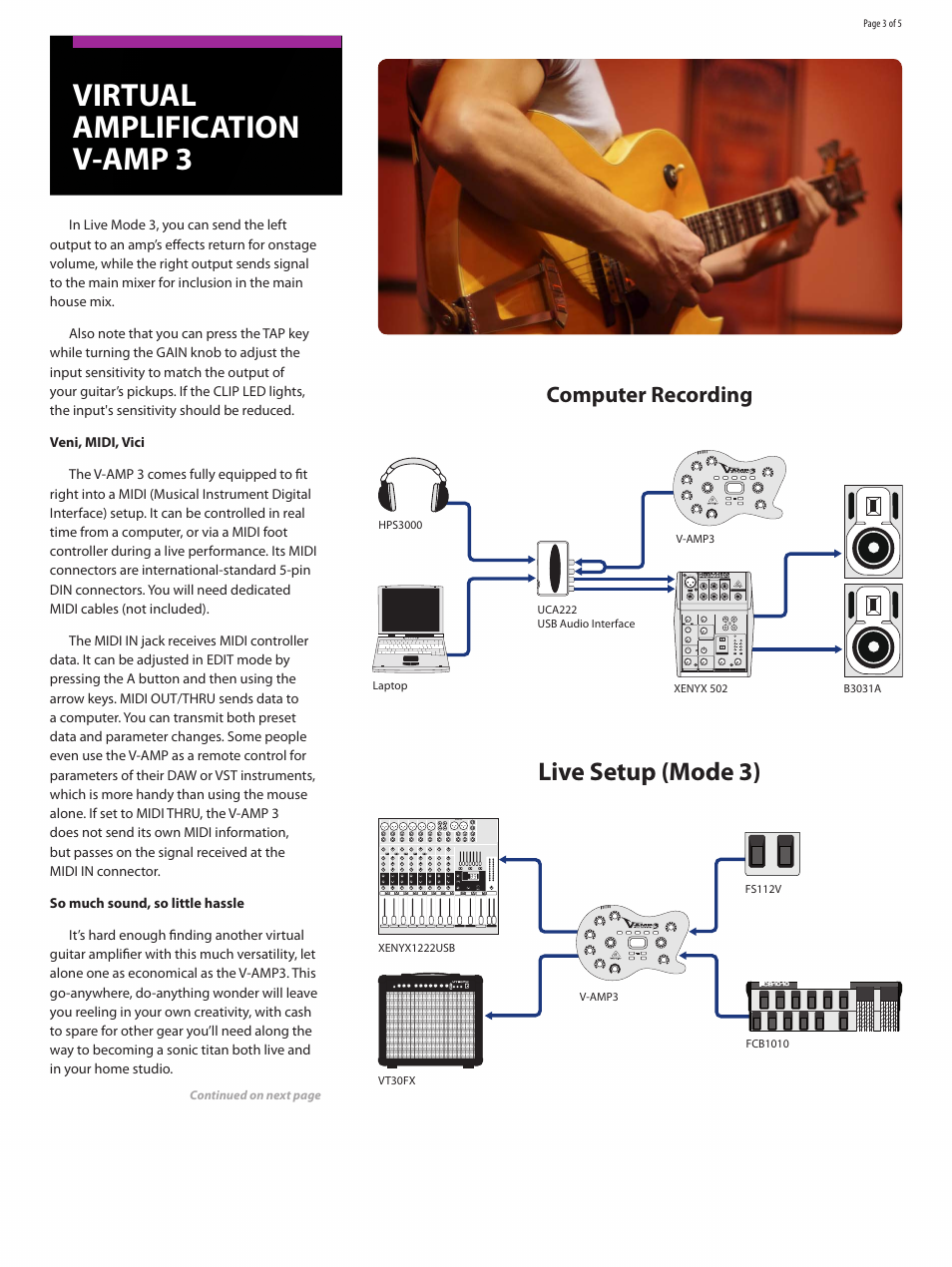 Virtual amplification v-amp 3, Live setup (mode 3), Computer recording | Behringer Virtual Amplification V-AMP 3 User Manual | Page 3 / 5