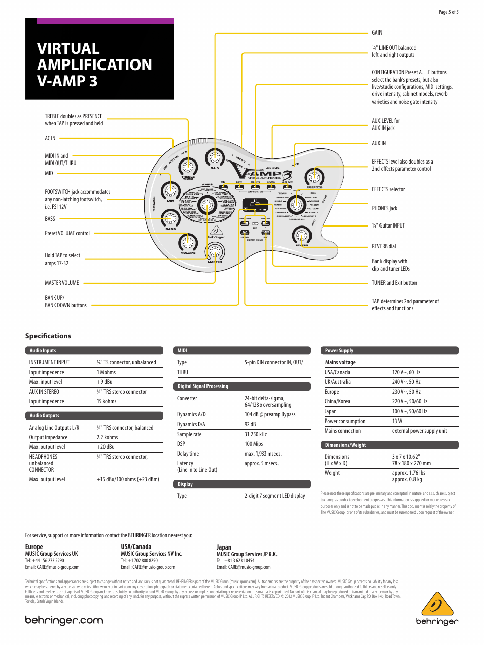 Virtual amplification v-amp 3 | Behringer Virtual Amplification V-AMP 3 User Manual | Page 5 / 5