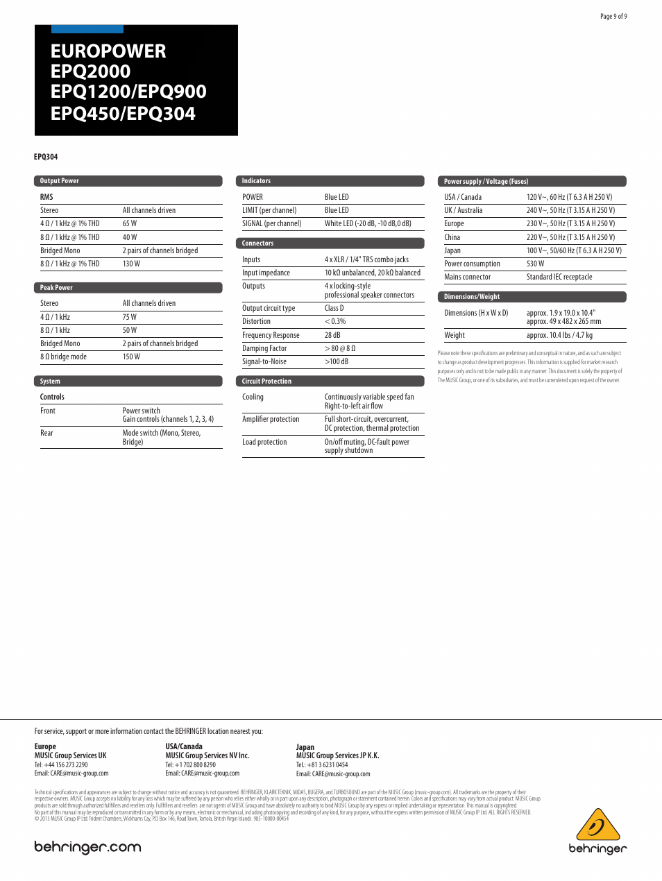 Behringer PA Amplifiers Europower EPQ 900 User Manual | Page 9 / 9