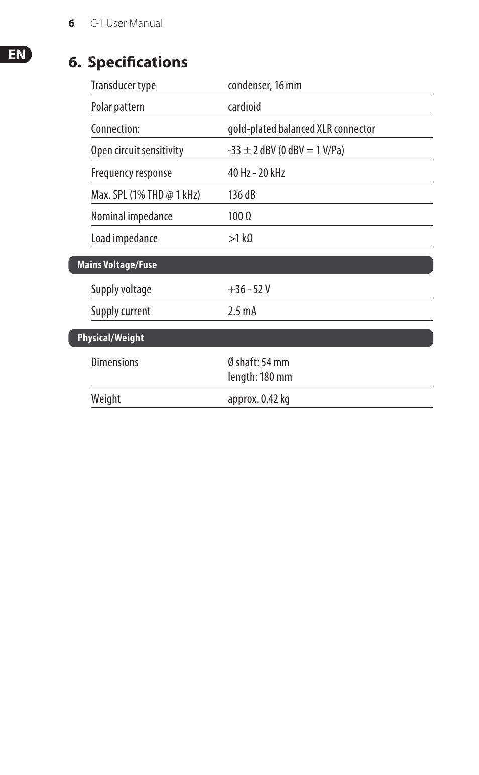 Specifications | Behringer Studio Condenser Microphone C-1 User Manual | Page 6 / 8