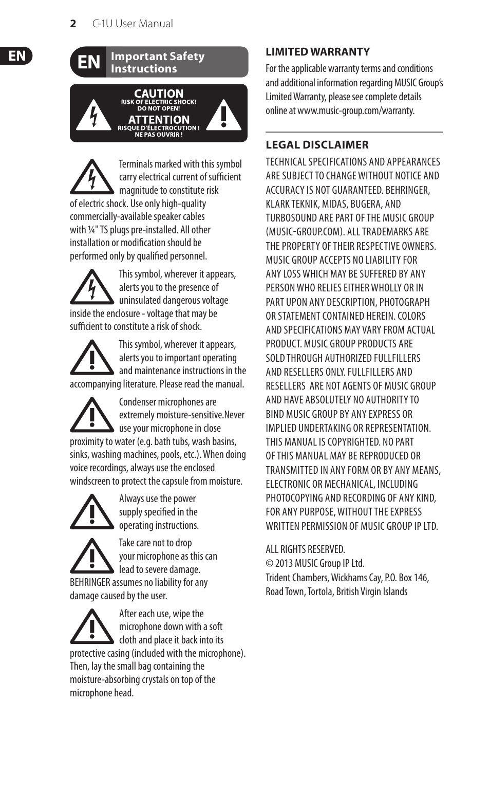 Behringer USB Studio Condenser Microphone C-1U User Manual | Page 2 / 12