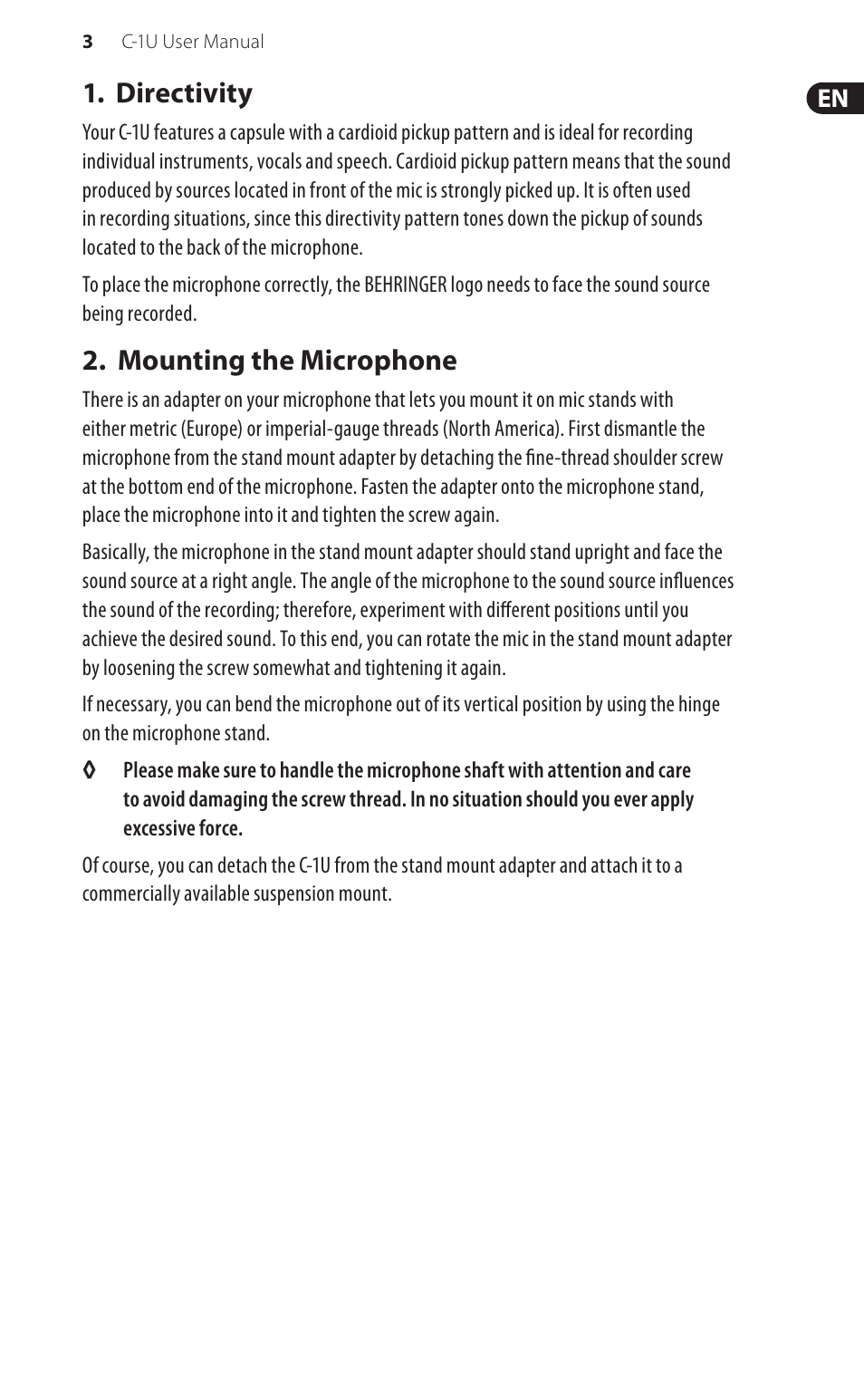 Directivity, Mounting the microphone | Behringer USB Studio Condenser Microphone C-1U User Manual | Page 3 / 12