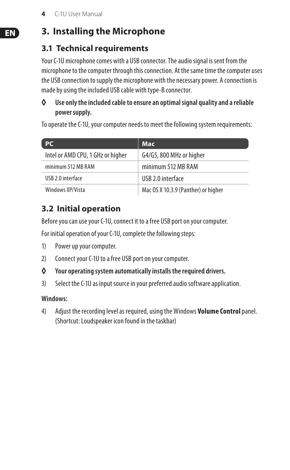 Installing the microphone | Behringer USB Studio Condenser Microphone C-1U User Manual | Page 4 / 12