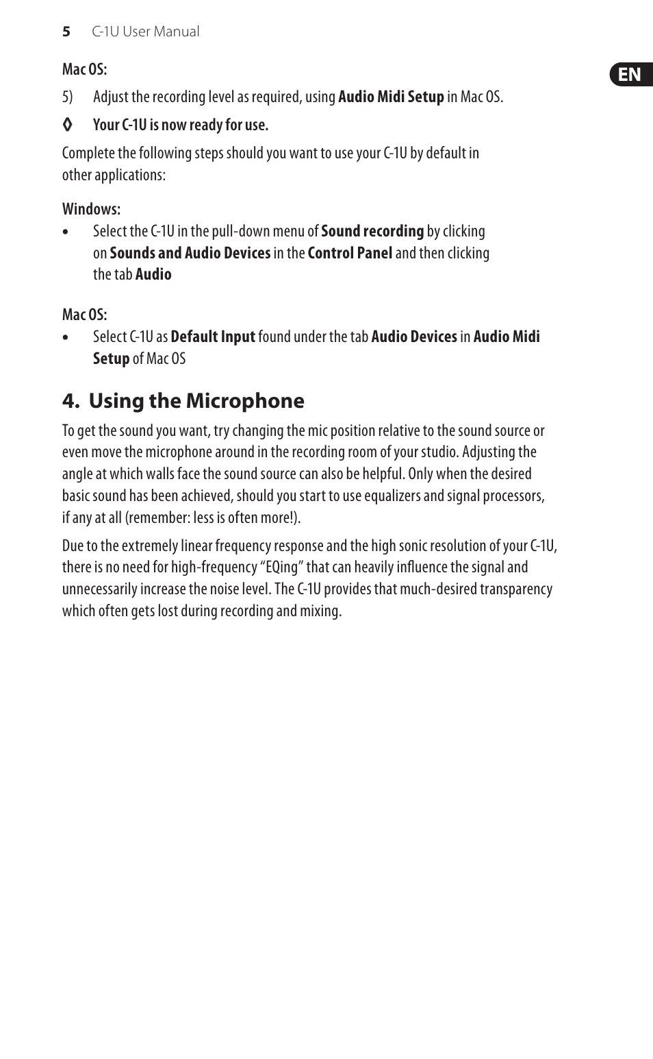 Using the microphone | Behringer USB Studio Condenser Microphone C-1U User Manual | Page 5 / 12