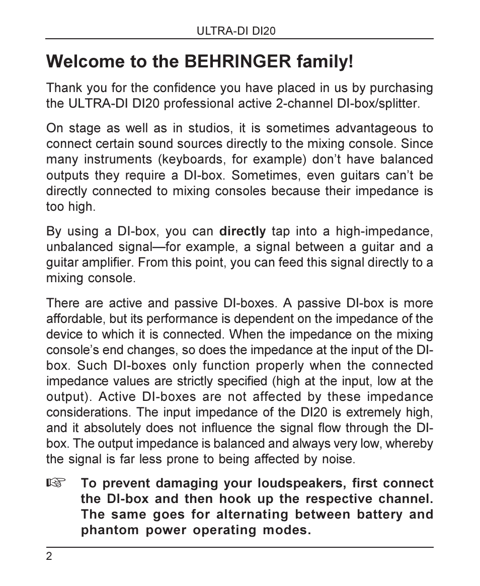 Welcome to the behringer family | Behringer ULTRA-DIDI20 User Manual | Page 2 / 10