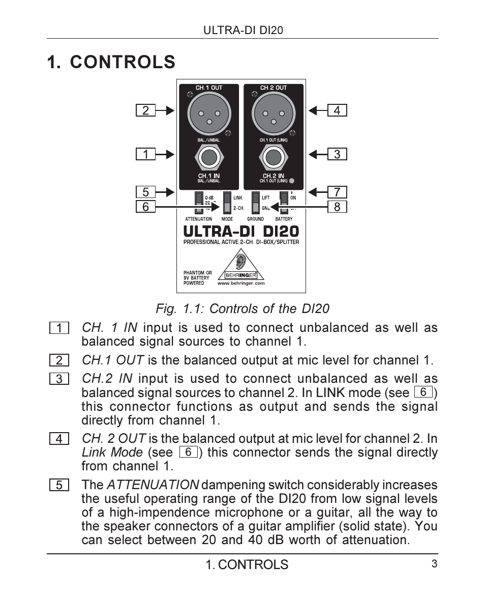 Controls | Behringer ULTRA-DIDI20 User Manual | Page 3 / 10