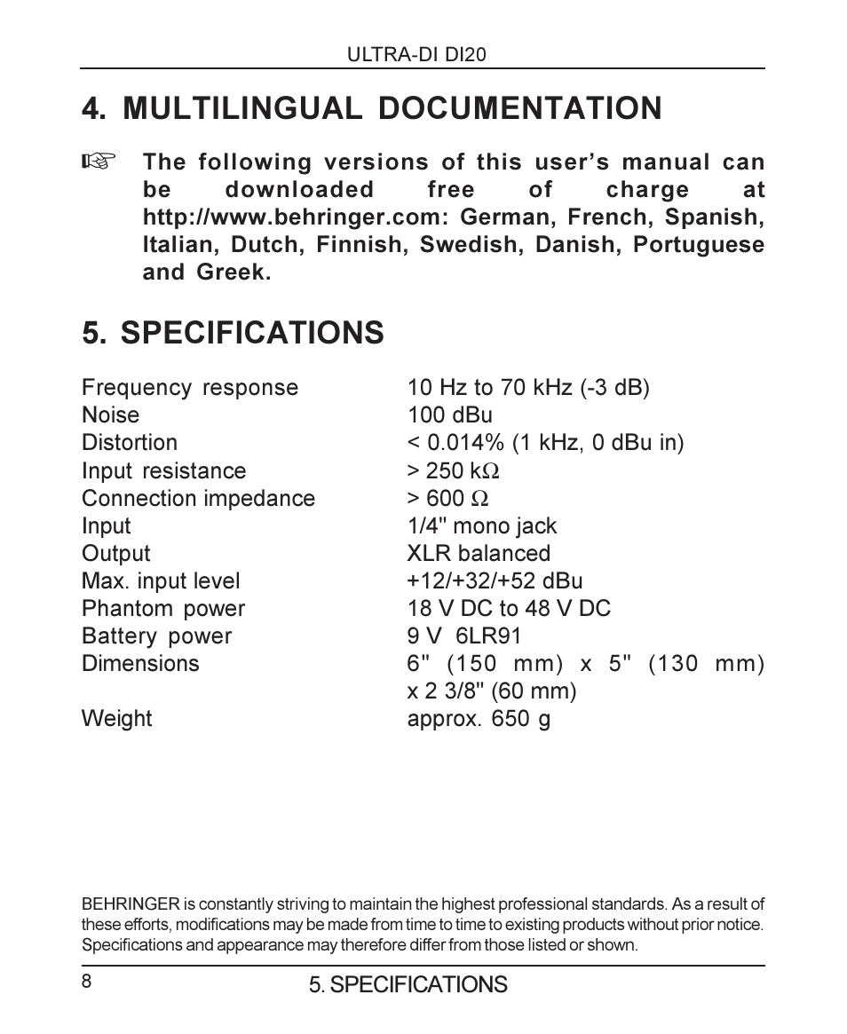 Multilingual documentation, Specifications | Behringer ULTRA-DIDI20 User Manual | Page 8 / 10