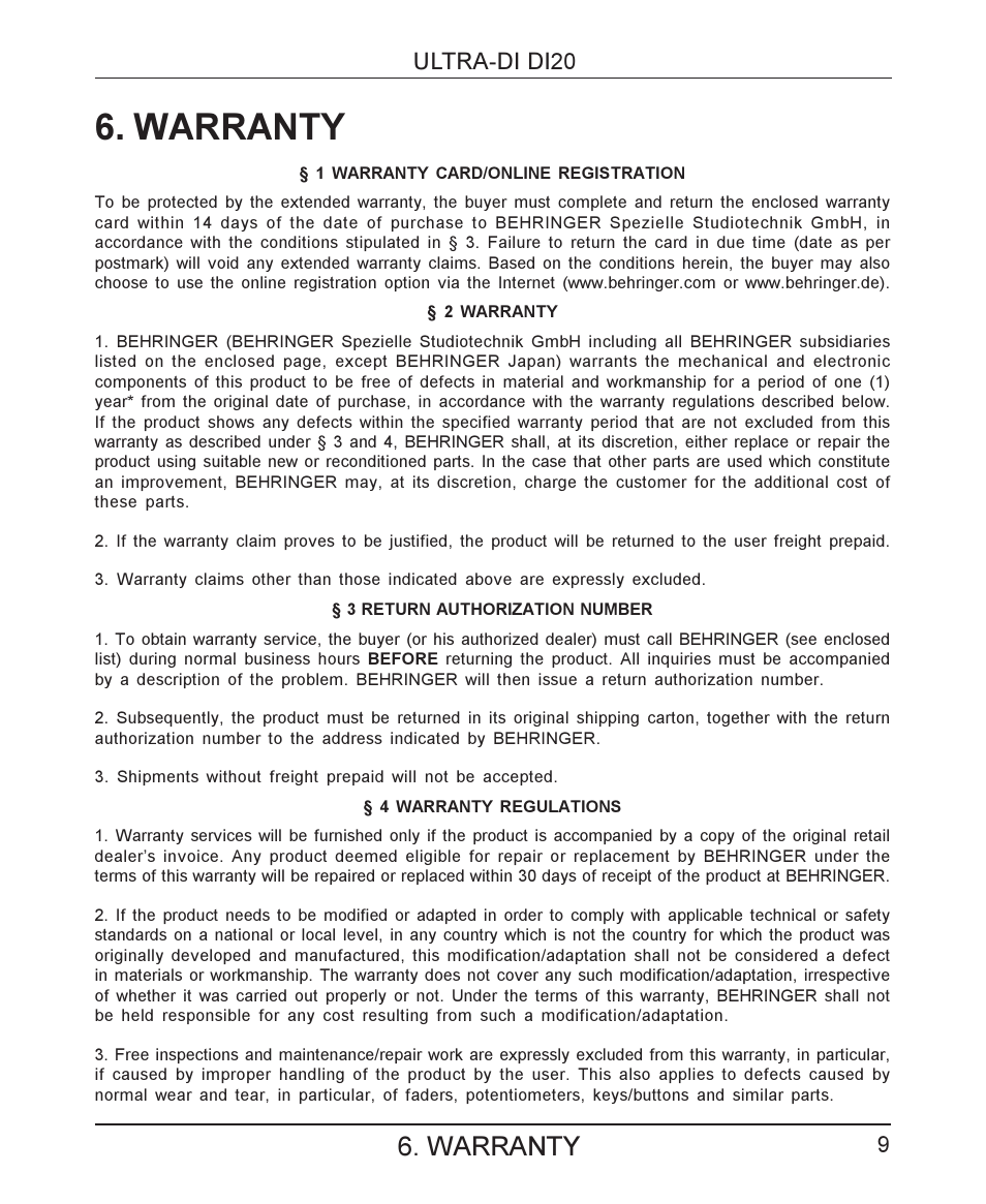 Warranty, Ultra-di di20 9 | Behringer ULTRA-DIDI20 User Manual | Page 9 / 10