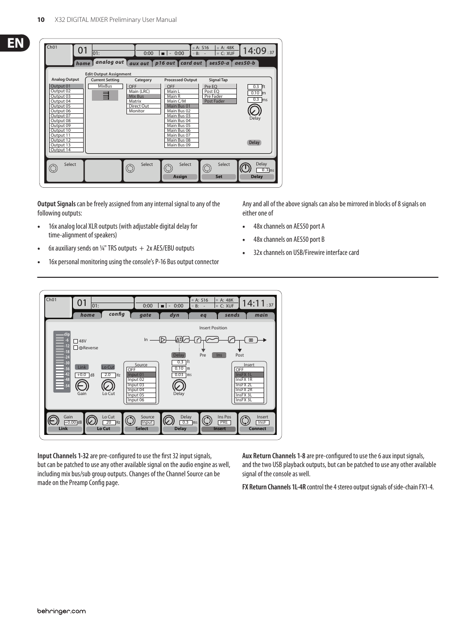 48x channels on aes50 port a, 48x channels on aes50 port b, 32x channels on usb/firewire interface card | 10 x32 digital mixer preliminary user manual | Behringer 32-Channel User Manual | Page 10 / 70