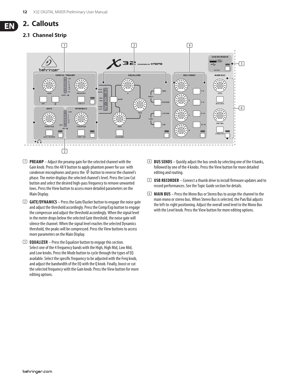 Callouts, 1 channel strip | Behringer 32-Channel User Manual | Page 12 / 70