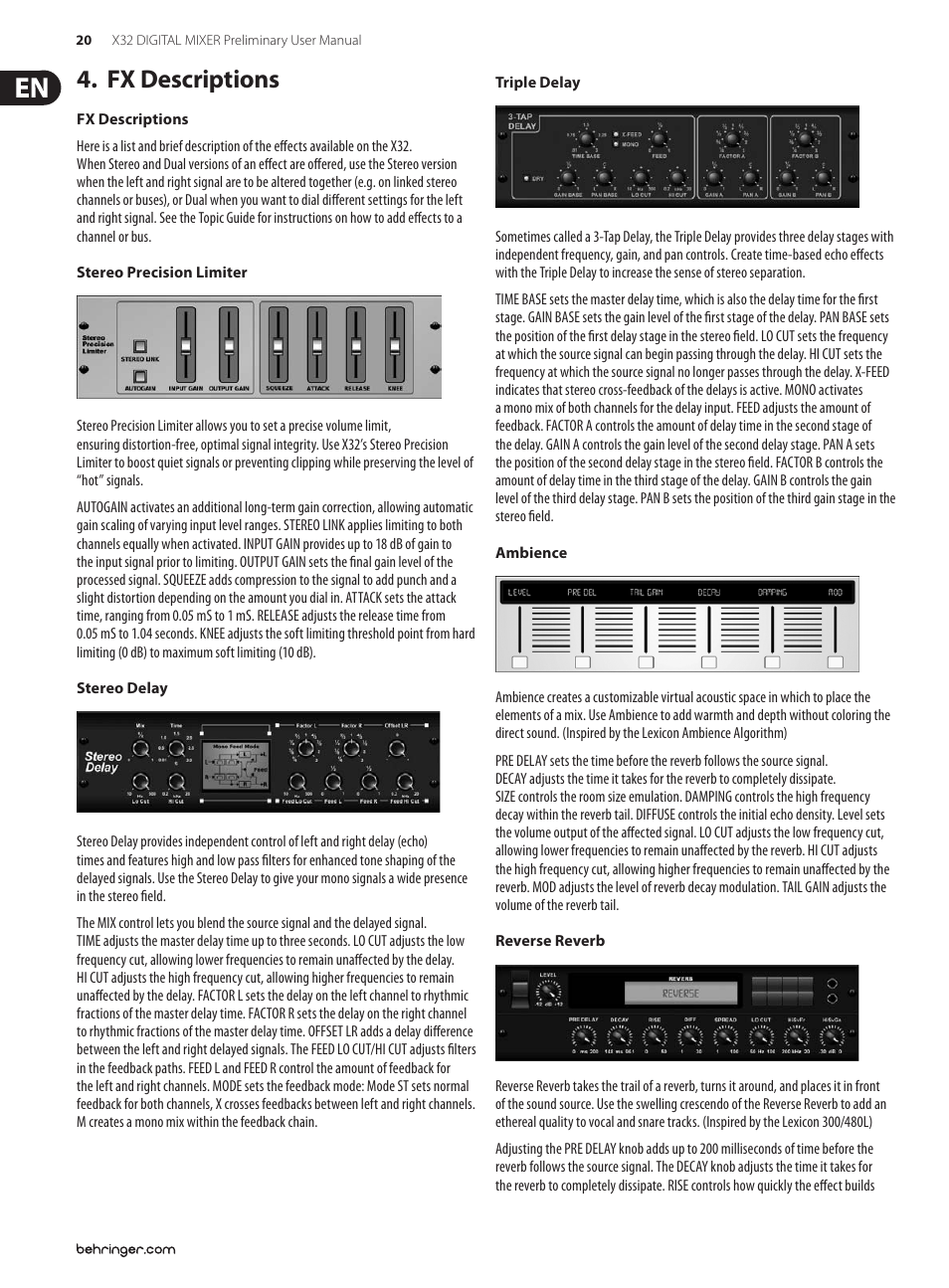 Fx descriptions | Behringer 32-Channel User Manual | Page 20 / 70