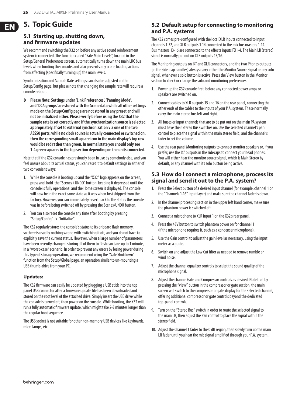 Topic guide, 1 starting up, shutting down, and firmware updates, 1 starting up, shutting down | And p.a. systems 5.3 how do i connect a microphone, Process its signal and send it out to the, P.a. system | Behringer 32-Channel User Manual | Page 26 / 70