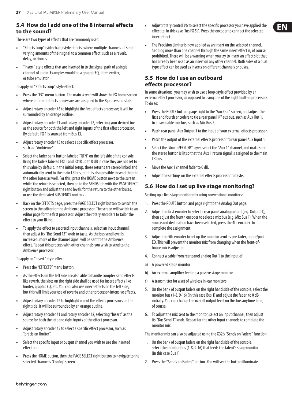 5 how do i use an outboard effects processor, 6 how do i set up live stage monitoring, 4 how do i add one of the 8 internal | Behringer 32-Channel User Manual | Page 27 / 70
