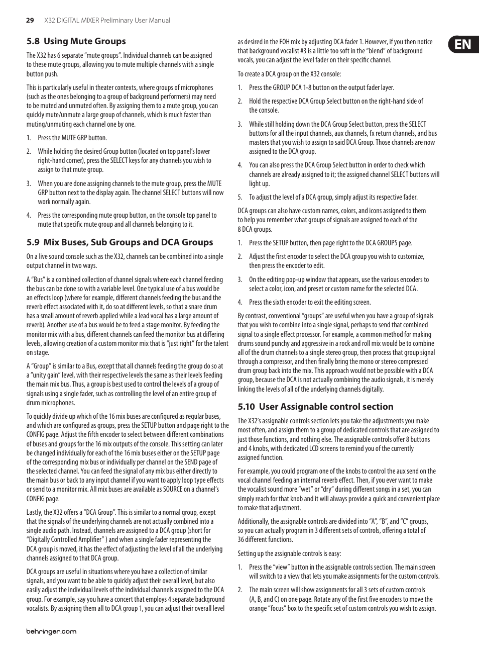 8 using mute groups, 9 mix buses, sub groups and dca groups, 10 user assignable control section | Behringer 32-Channel User Manual | Page 29 / 70