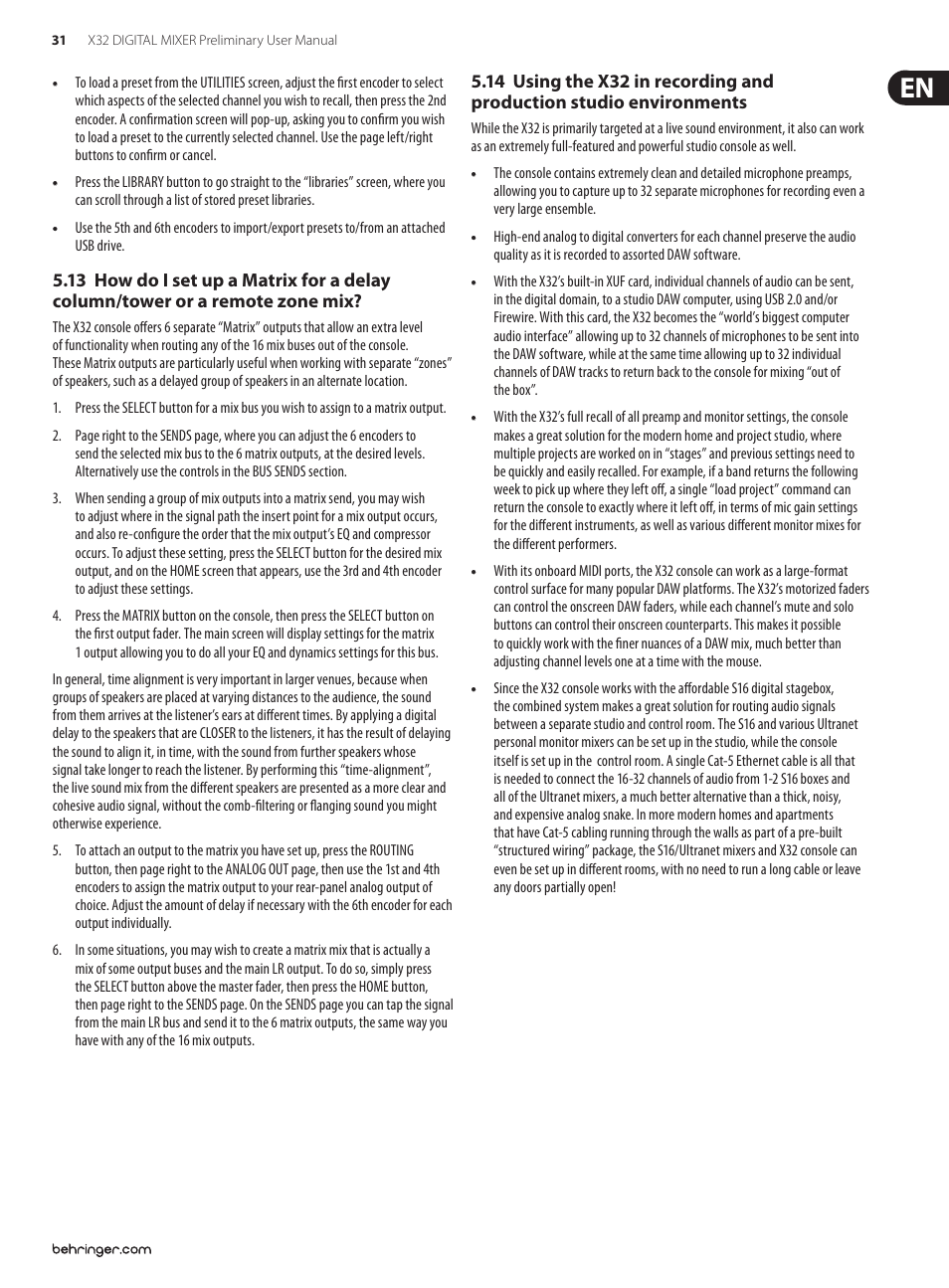 13 how do i set up a matrix for a delay, Studio environments | Behringer 32-Channel User Manual | Page 31 / 70
