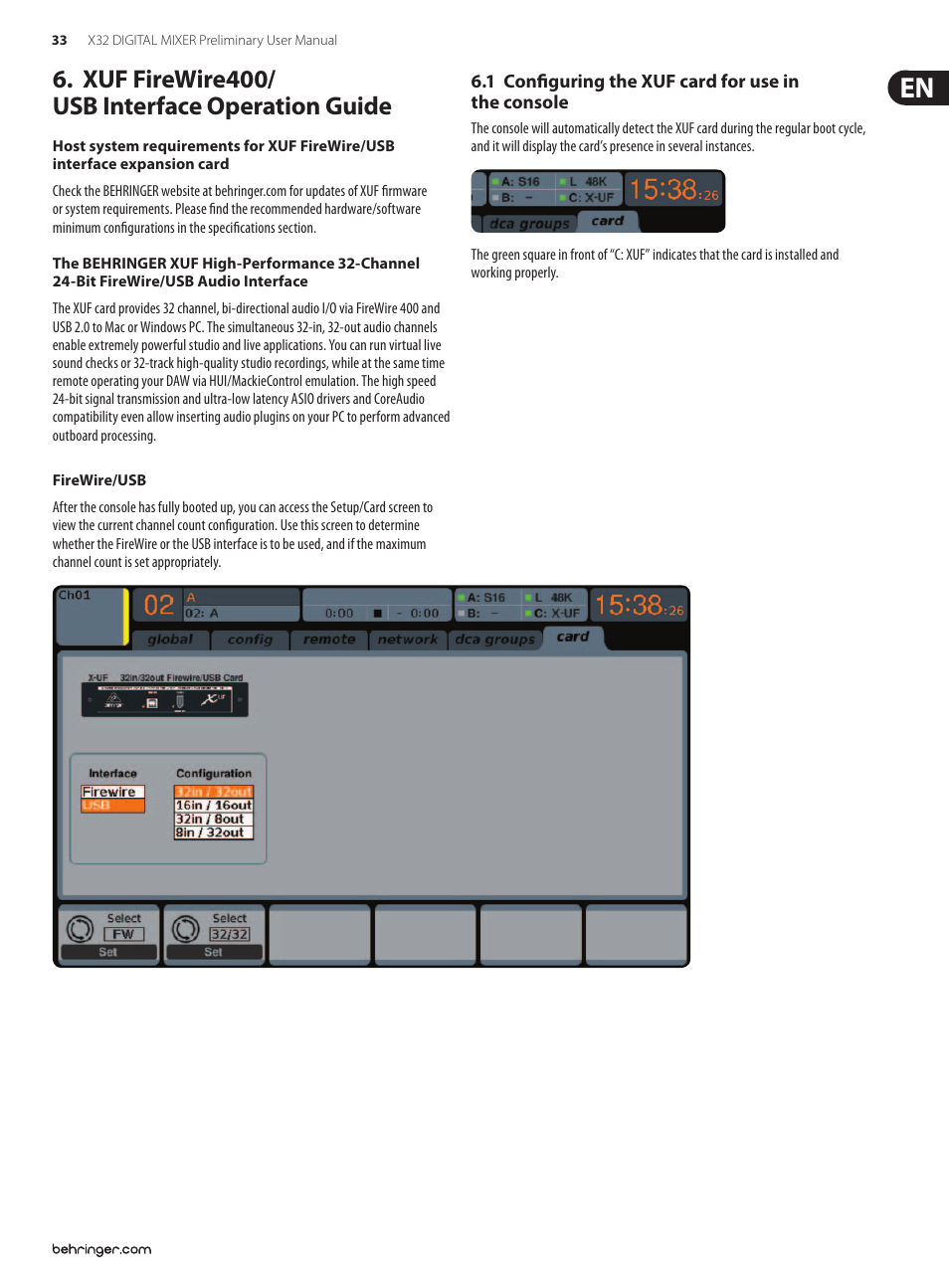 Xuf firewire400/ usb interface operation guide, 1 configuring the xuf card for use in the console, Xuf firewire400 | Usb interface operation guide, 1 configuring the xuf card, For use in the console | Behringer 32-Channel User Manual | Page 33 / 70