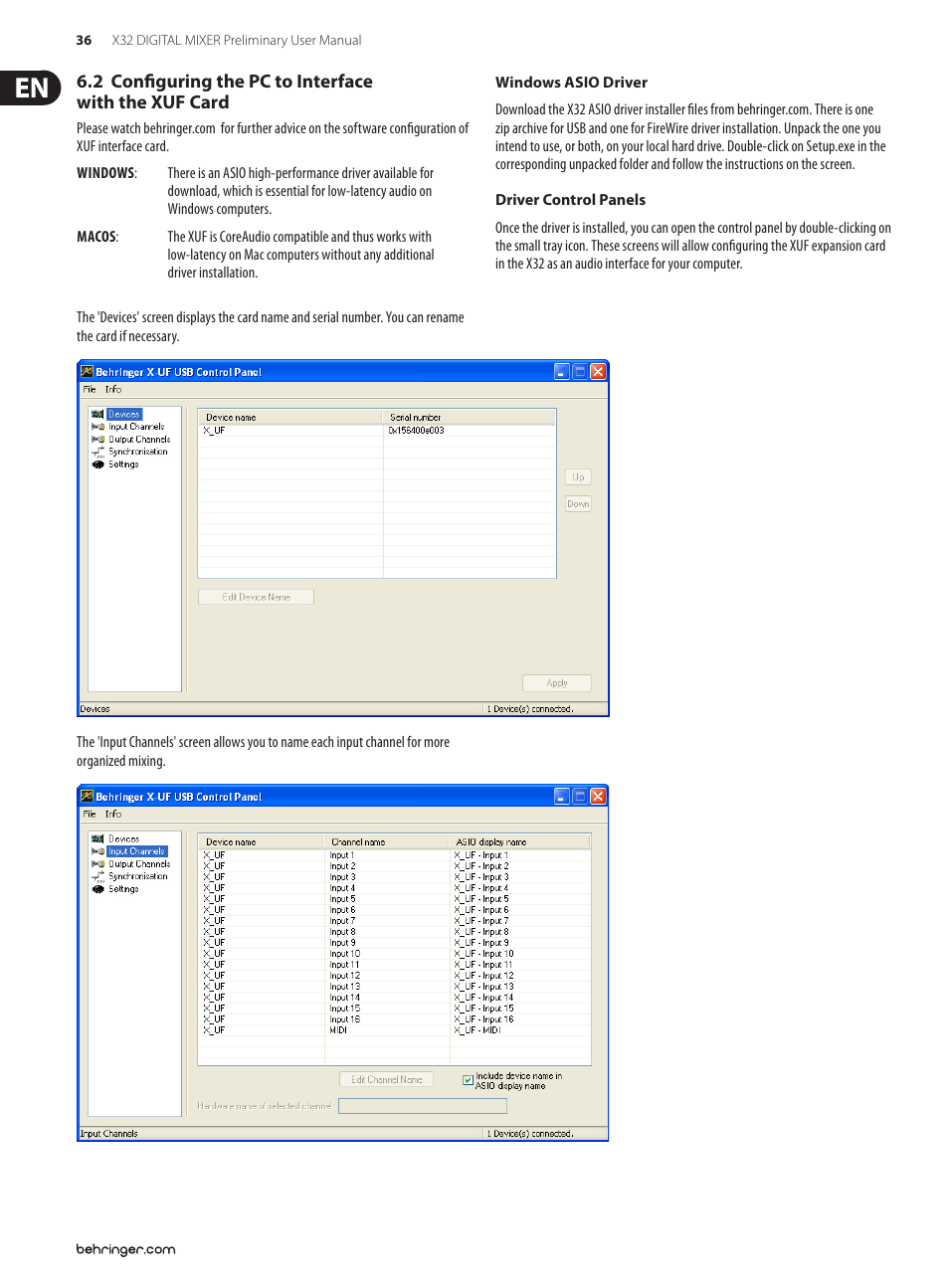 2 configuring the pc to interface, With the xuf card | Behringer 32-Channel User Manual | Page 36 / 70