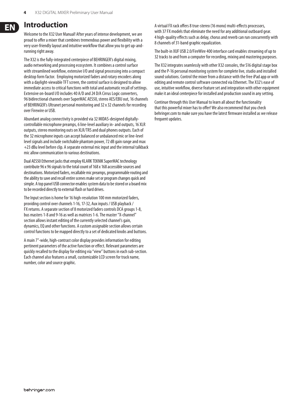 Introduction | Behringer 32-Channel User Manual | Page 4 / 70