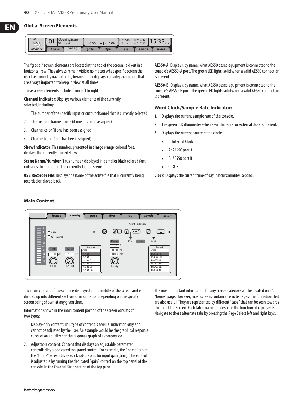 Main content, L: internal clock, A: aes50 port a | B: aes50 port b | Behringer 32-Channel User Manual | Page 40 / 70