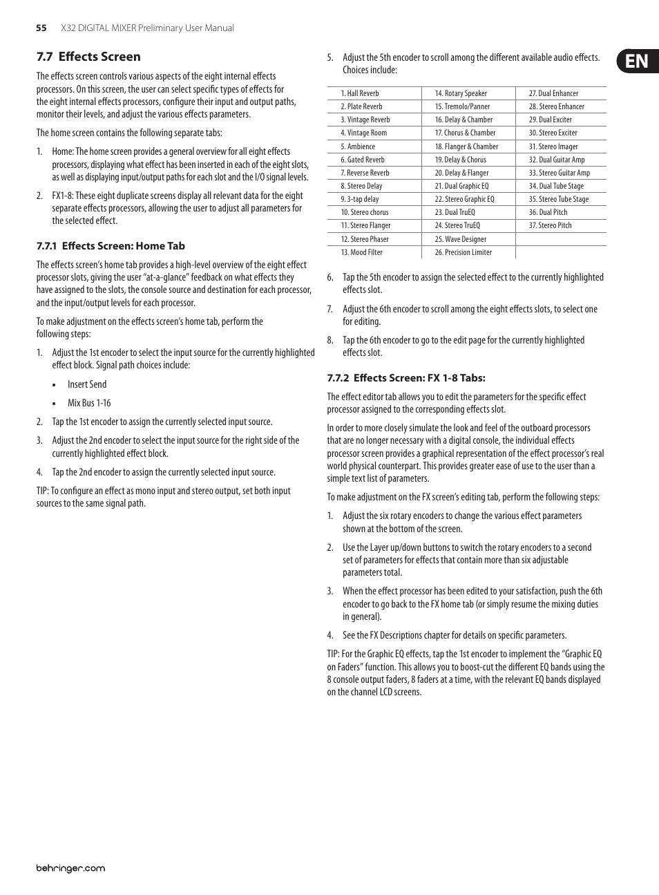 7 effects screen | Behringer 32-Channel User Manual | Page 55 / 70