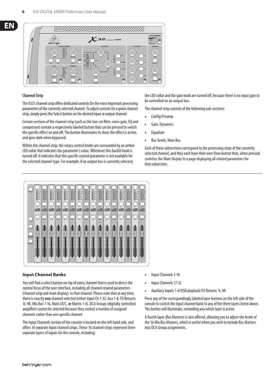 Input channels 1-16, Input channels 17-32, Config/preamp | Gate, dynamics, Equalizer, 6x32 digital mixer preliminary user manual | Behringer 32-Channel User Manual | Page 6 / 70