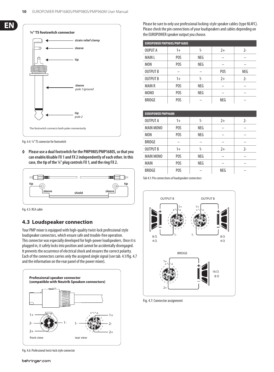 3 loudspeaker connection, Loudspeaker connection 4.3 | Behringer 1 User Manual | Page 10 / 16