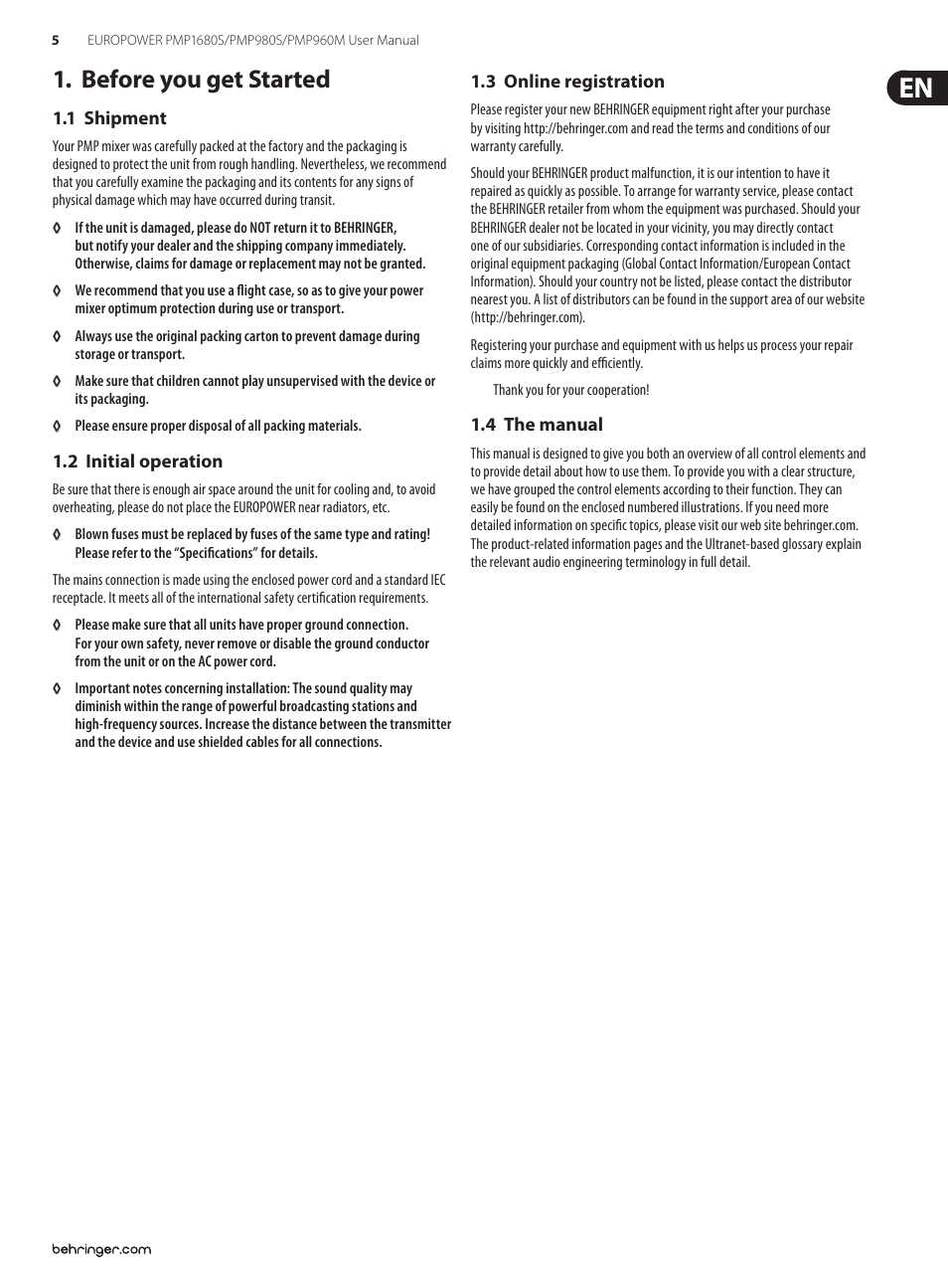 Before you get started, 1 shipment, 2 initial operation | 3 online registration, 4 the manual, Before you get started 1 | Behringer 1 User Manual | Page 5 / 16