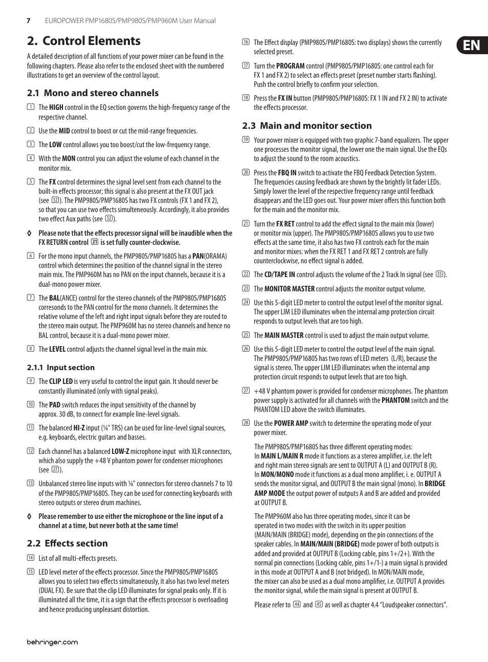 Control elements, 1 mono and stereo channels, 2 effects section | 3 main and monitor section, Control elements 2 | Behringer 1 User Manual | Page 7 / 16