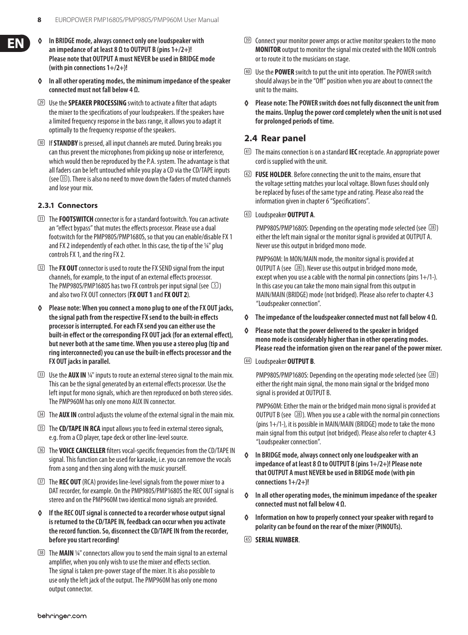 4 rear panel | Behringer 1 User Manual | Page 8 / 16