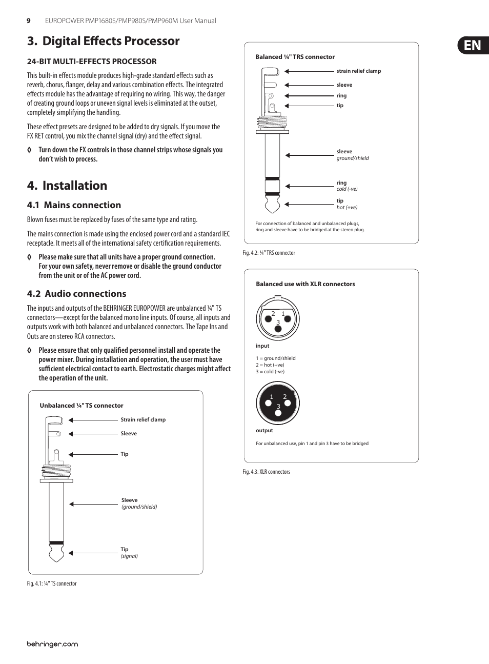 Digital effects processor, Installation, 1 mains connection | 2 audio connections, Digital effects processor 4. installation, Digital effects processor 3, Installation 4, Mains connection 4.1, Audio connections 4.2 | Behringer 1 User Manual | Page 9 / 16