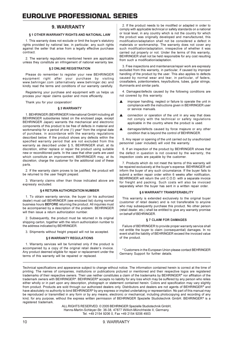 Eurolive professional series, Warranty | Behringer B1520 PRO User Manual | Page 10 / 10