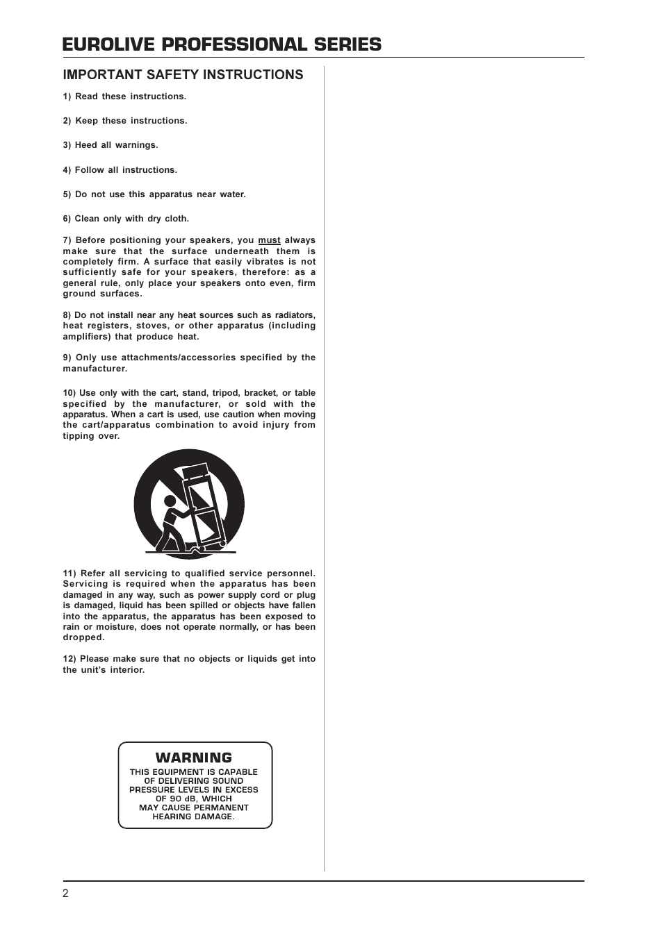 Eurolive professional series, Important safety instructions | Behringer B1520 PRO User Manual | Page 2 / 10