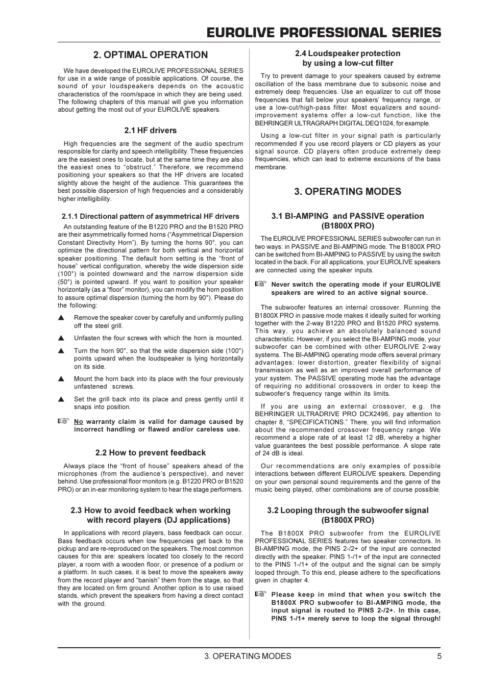 Eurolive professional series, Optimal operation, Operating modes | Behringer B1520 PRO User Manual | Page 5 / 10