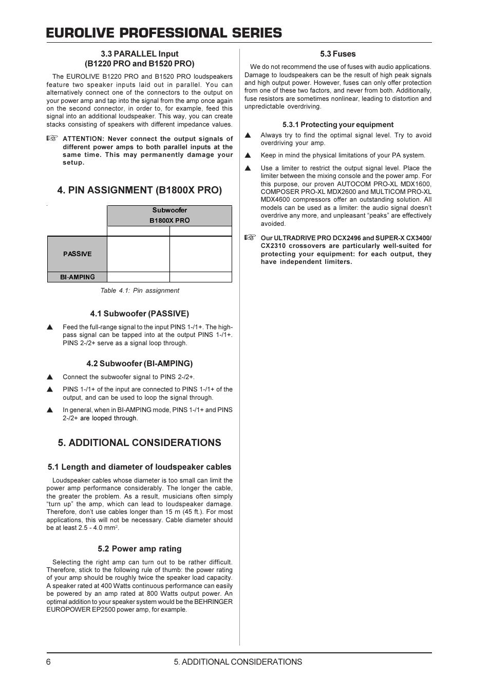 Eurolive professional series, Pin assignment (b1800x pro), Additional considerations | Behringer B1520 PRO User Manual | Page 6 / 10